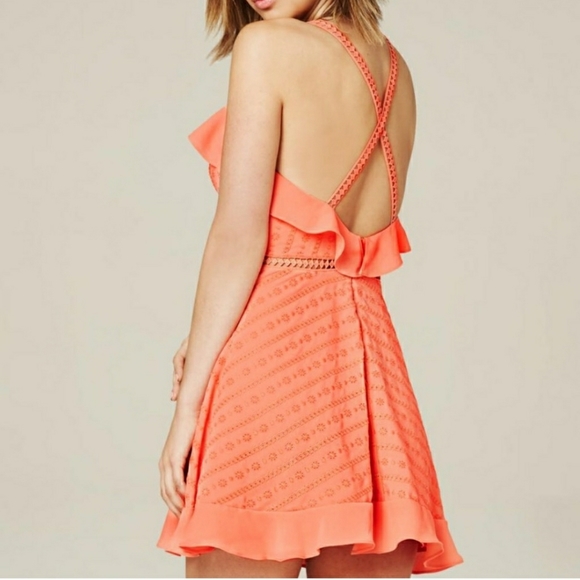 bebe Ruffle Eyelet Lace Crisscross Back Mini Dress - Picture 2 of 8